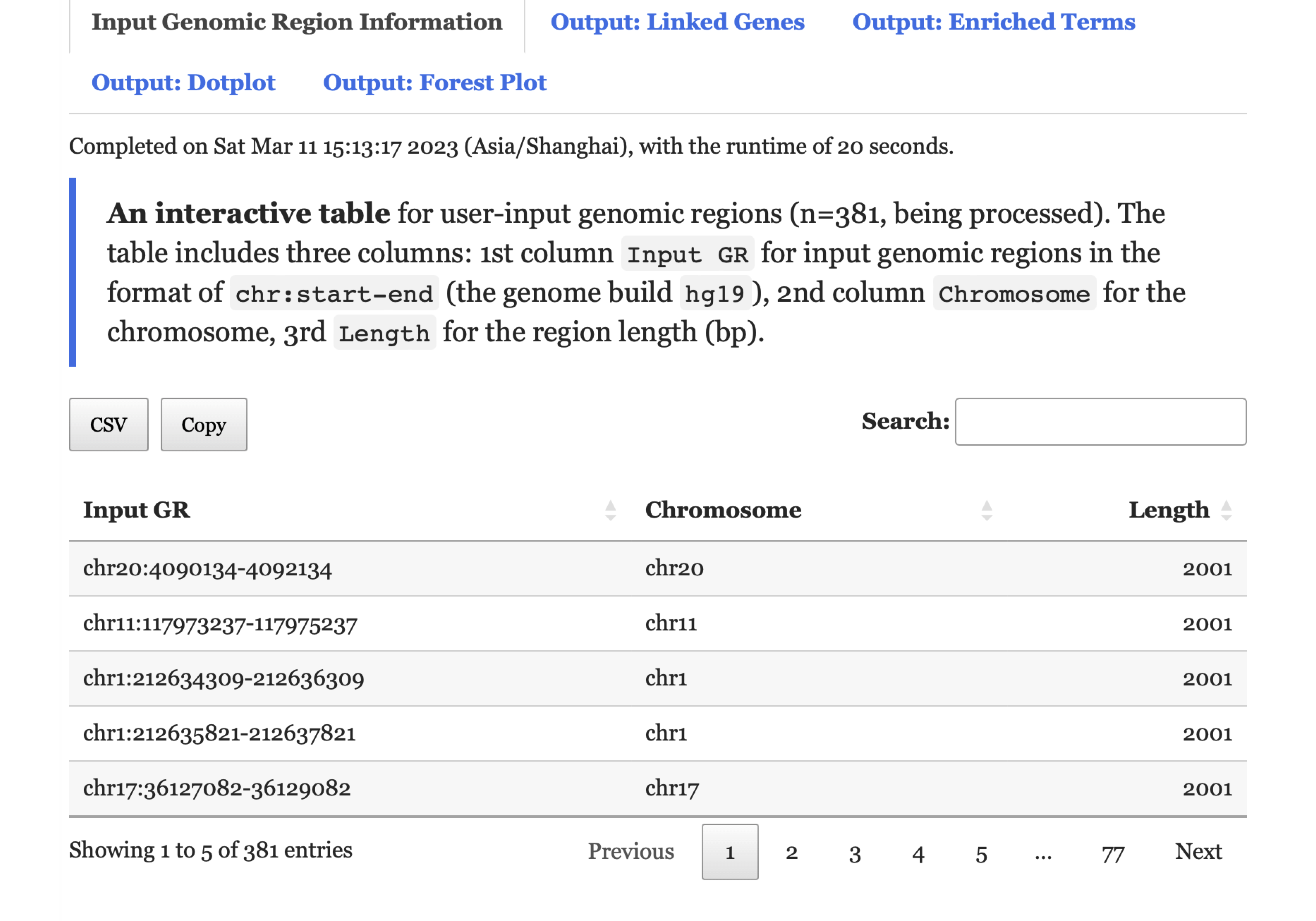 The user-input data displayed under the `Input Genomic Region Information` tab for exploration.