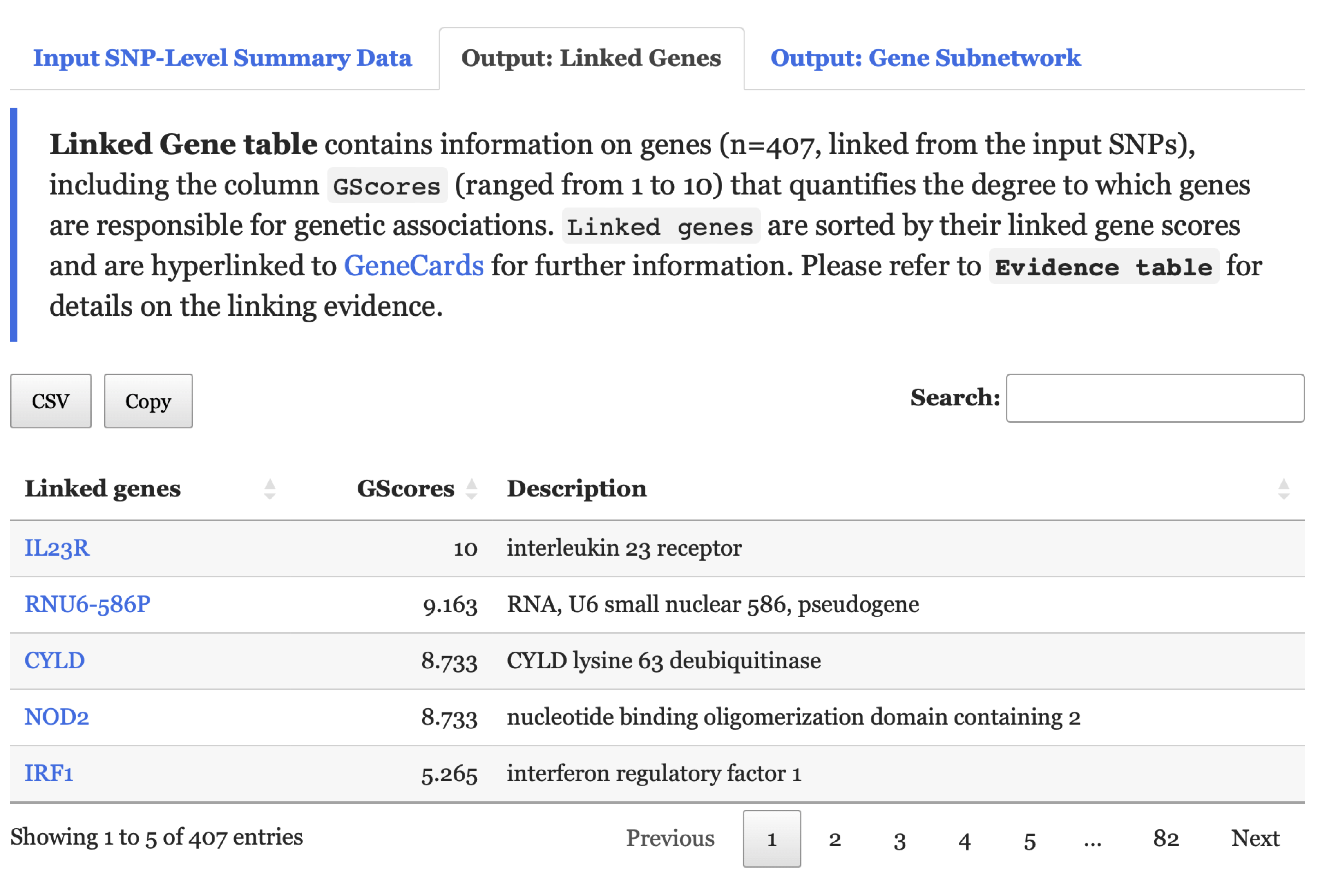 An interactive table listing genes linked from input SNPs under the `Output: Linked Genes` tab.